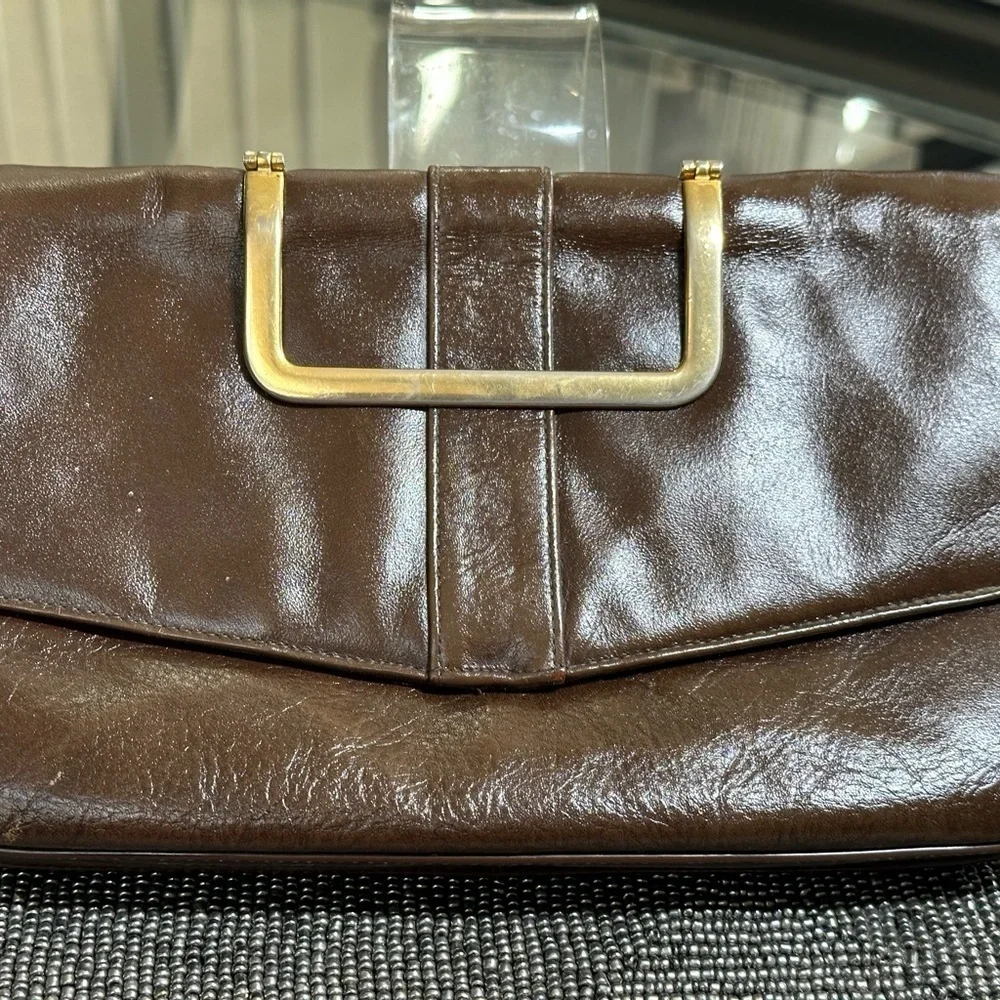 Vintage handbag with brass handles as seen on “Mad Men” vibe Mocha Brown